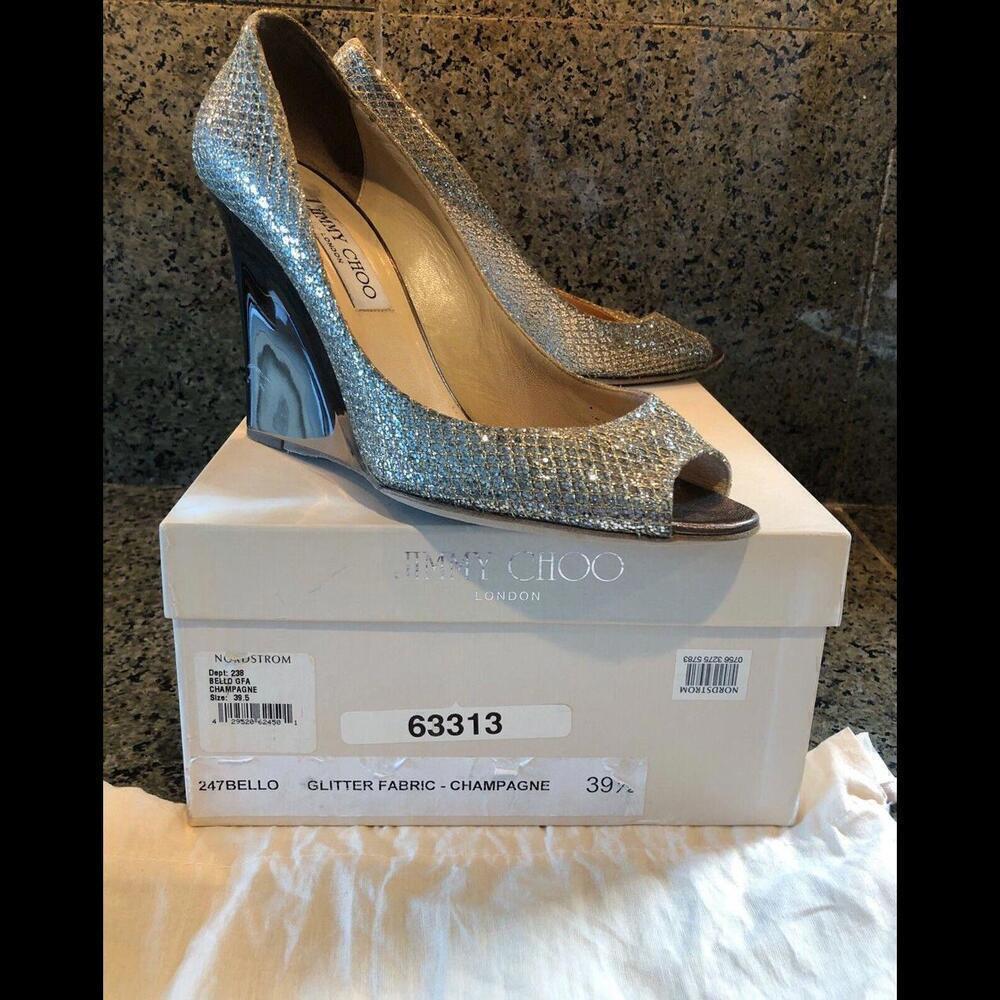 JIMMY CHOO BEllO Wedge Pump Shoes Champagne Glitter Bridal Shoe Euro 39.5 Us 9.5 - Picture 5 of 9